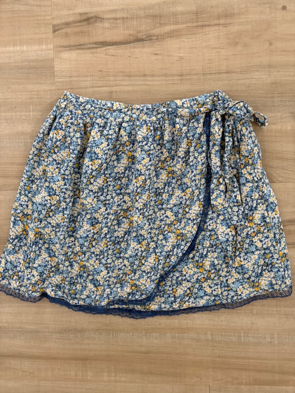 American Eagle Outfitters Blue Floral Wrap Mini Skirt with Yellow Accents